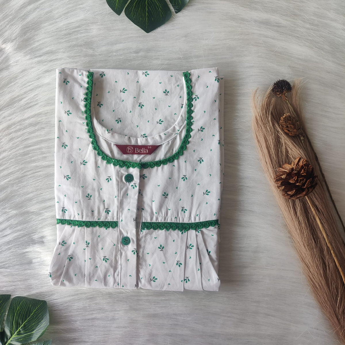 Green Leaf Printed White Pure Cotton Lace Button Nighty | Free Size | Chest Width 44"| Length 54"-56"