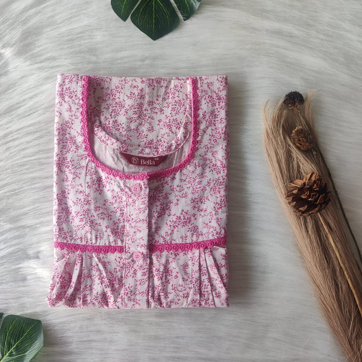 Pink Printed Pure Cotton Lace Button Nighty | Free Size | Chest Width 44"| Length 54"-56"