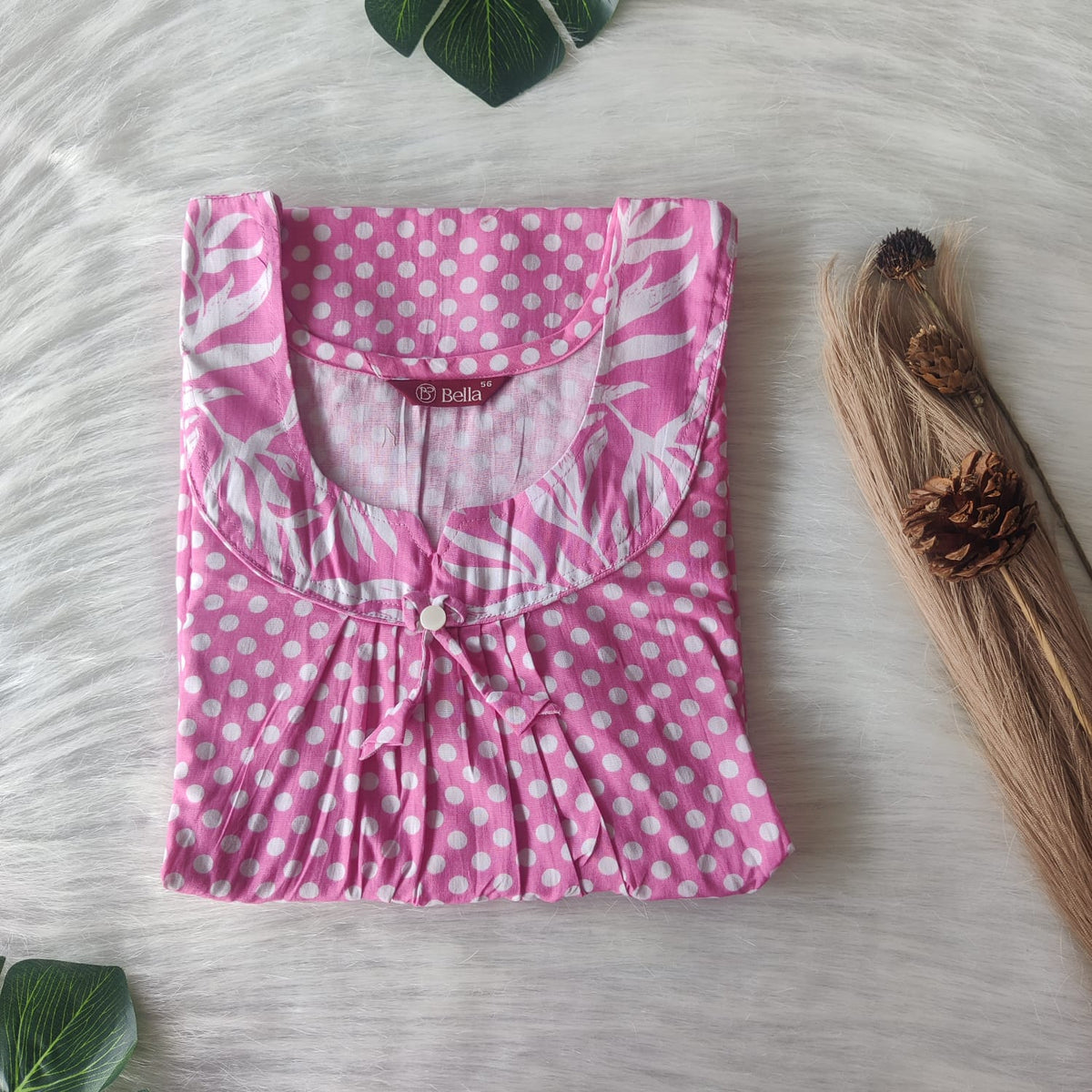 Pink And White Dot Printed Premium Cotton No Zip Pleated Nighty | Free Size | Chest Width 44″| Length 55″-56″