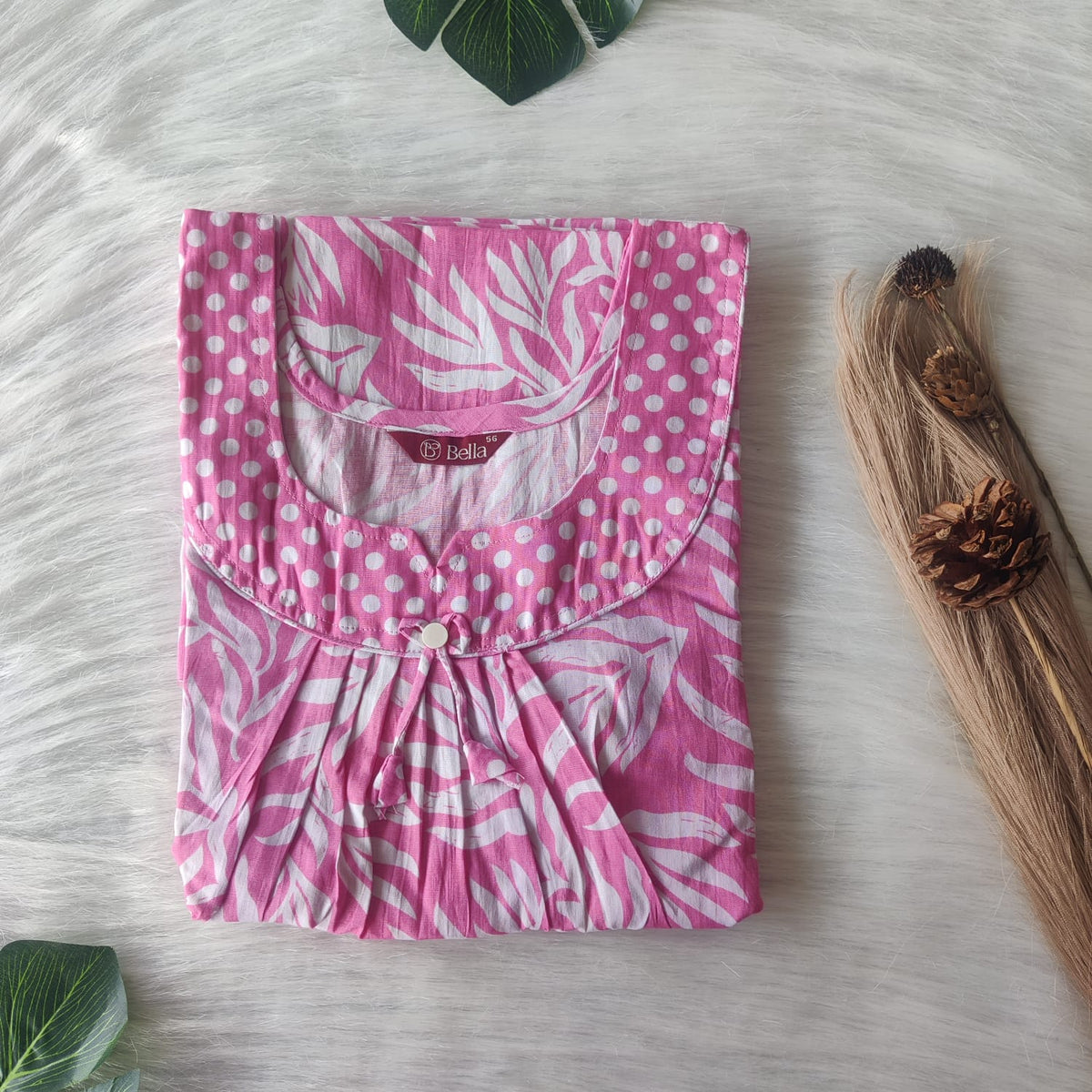White And Pink Leaf Printed Premium Cotton No Zip Pleated Nighty | Free Size | Chest Width 44″| Length 55″-56″