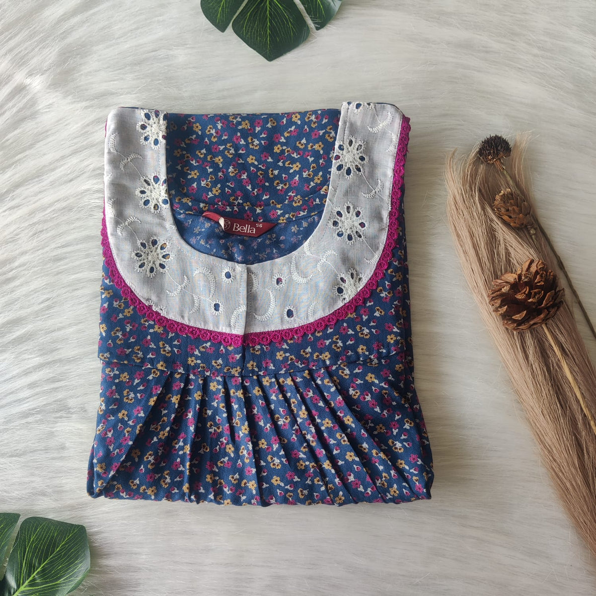 Blue Floral Printed Alfine Hakoba Lace Nighty | Free Size | Chest Width 44″| Length 54″-56″