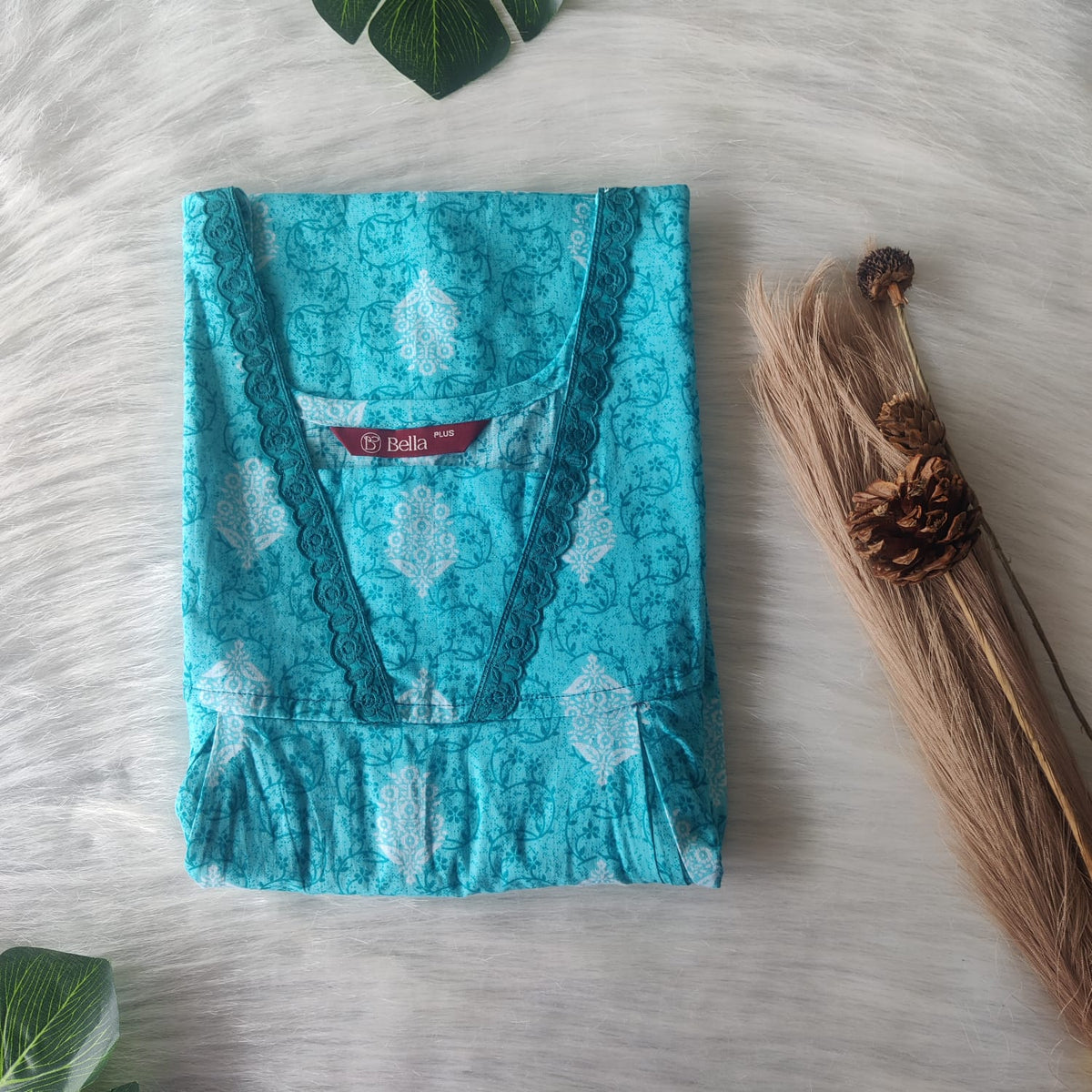 Blue Printed Premium Cotton Plus Size Two Side Vertical Lace Zip Feeding Nighty | Chest Width 50″| Length 56″