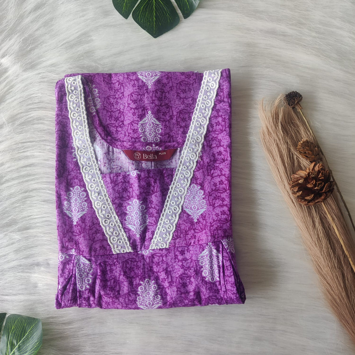 Purple Printed Premium Cotton Plus Size Two Side Vertical Lace Zip Feeding Nighty | Chest Width 50″| Length 56″