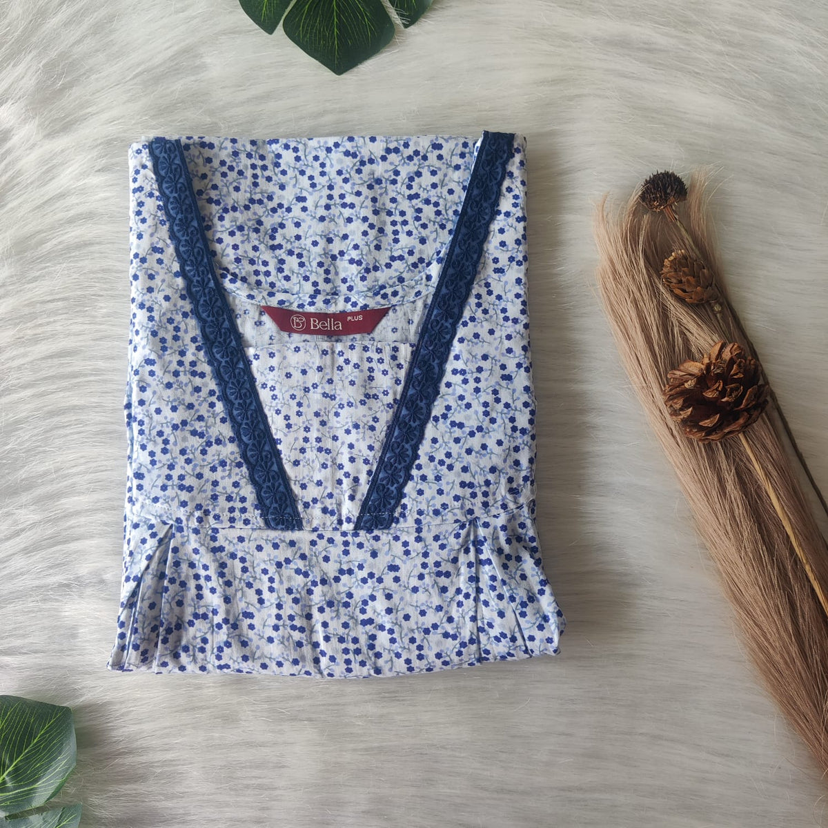 Navy Blue Floral Printed White Premium Cotton Plus Size Two Side Vertical Lace Zip Feeding Nighty | Chest Width 50″| Length 56″