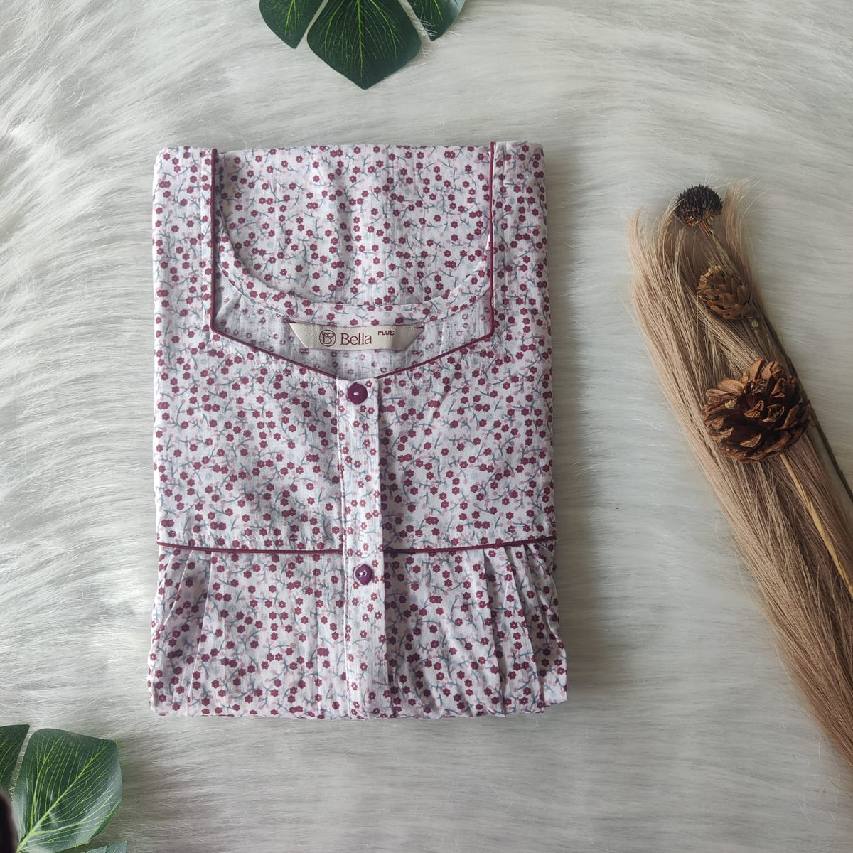 Brown Floral Printed White Premium Cotton Plus Size Button Zip Nighty | Chest Width 50″| Length 55″-56″