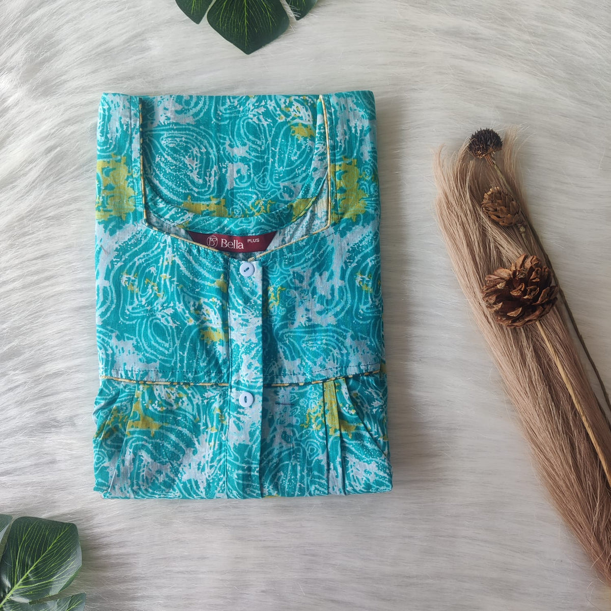 Aqua Green Printed Premium Cotton Plus Size Button Zip Nighty | Chest Width 50″| Length 55″-56″