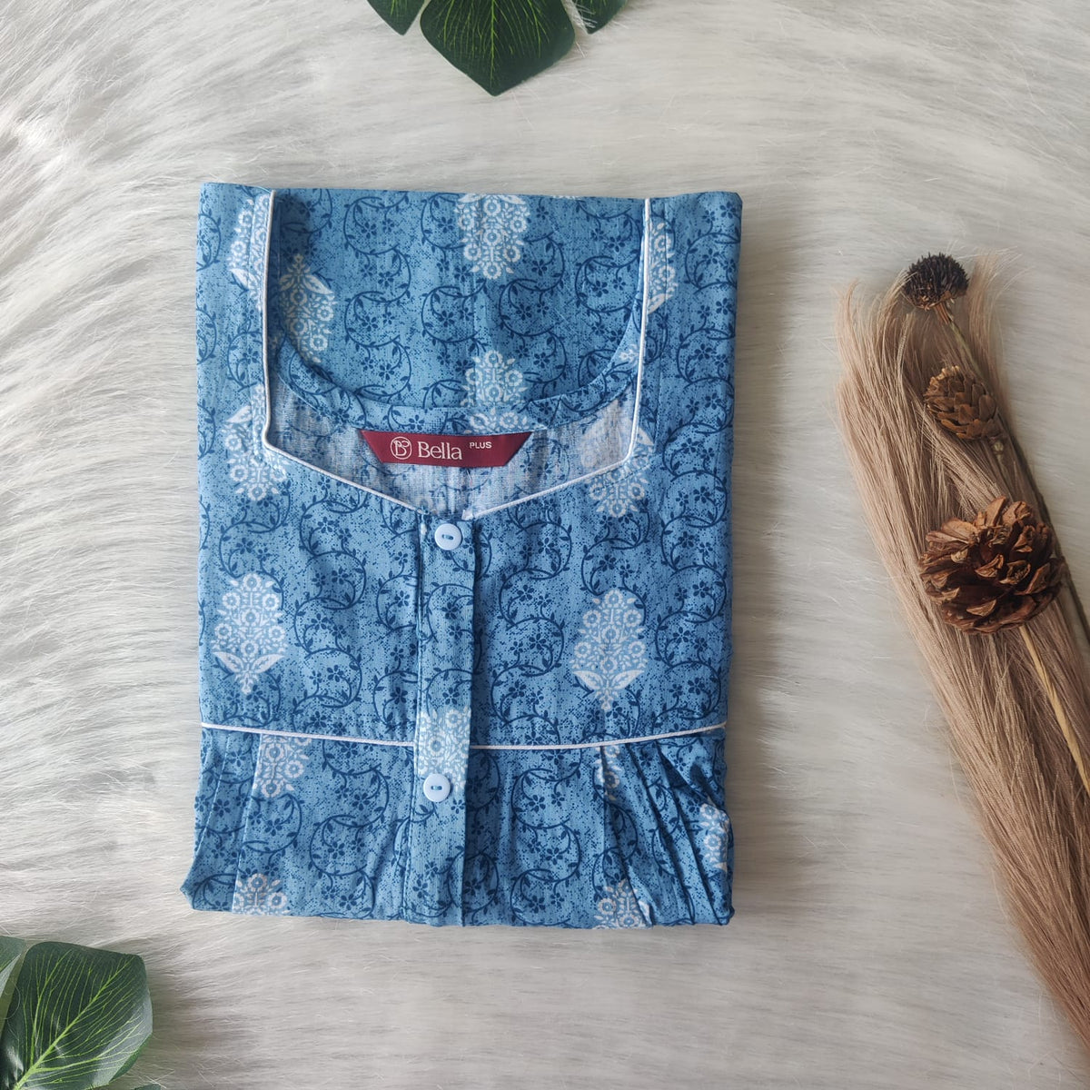 Blue And White Floral Printed Premium Cotton Plus Size Button Zip Nighty | Chest Width 50″| Length 55″-56″