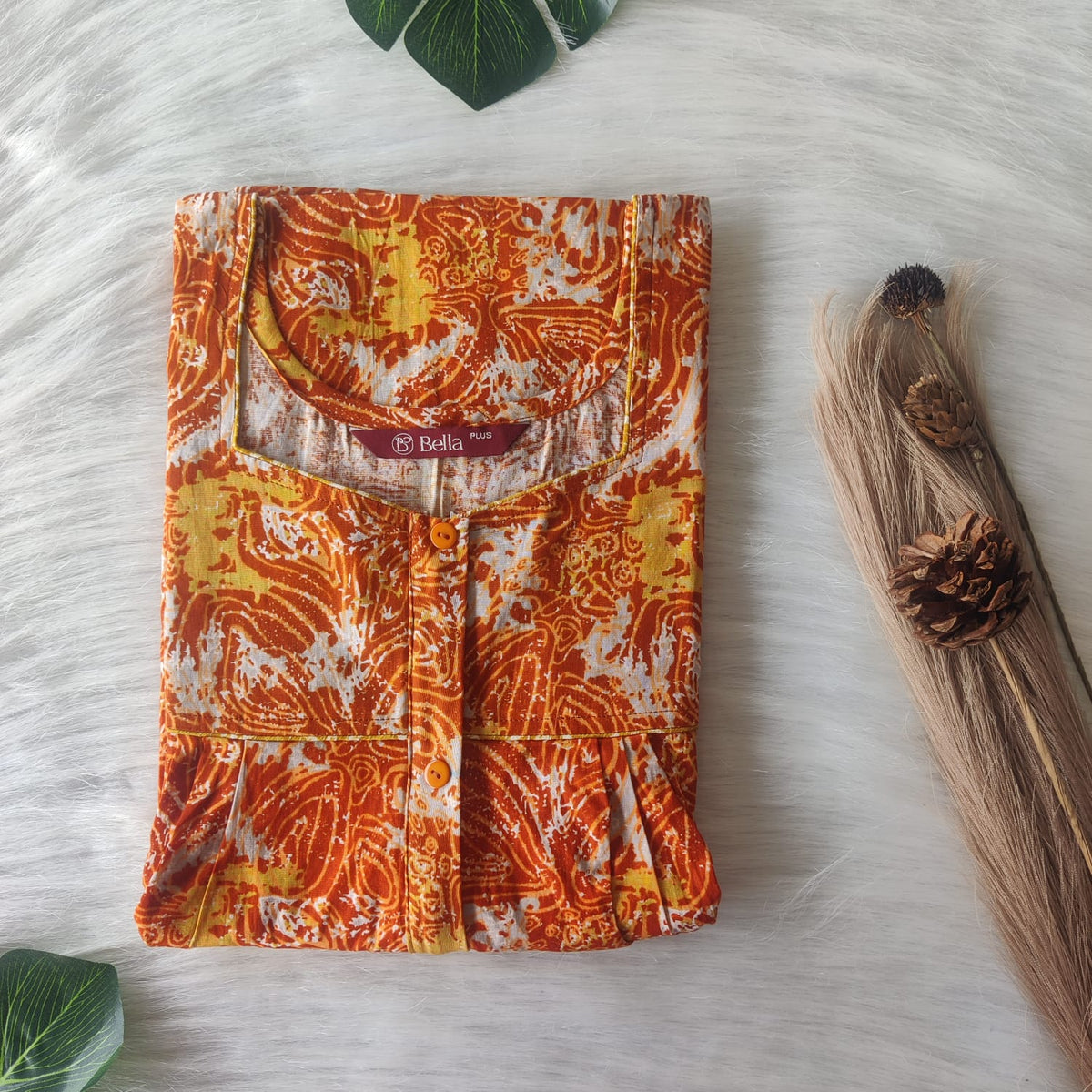 Orange Printed Premium Cotton Plus Size Button Zip Nighty | Chest Width 50″| Length 55″-56″