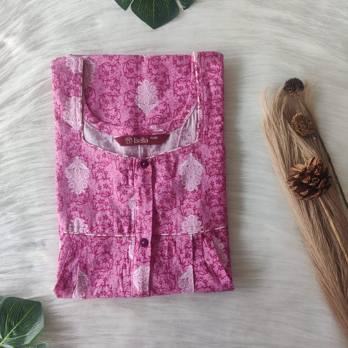 Pink Printed Premium Cotton Plus Size Button Zip Nighty | Chest Width 50″| Length 55″-56″