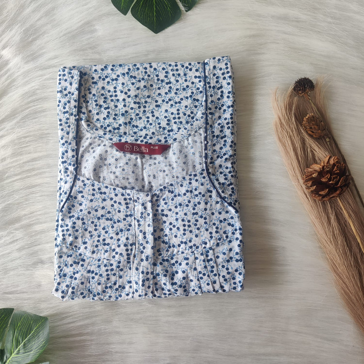 Navy Blue Floral Printed White Premium Cotton Plus Size Pleated Zip Nighty | Chest Width 50″| Length 54″-55″
