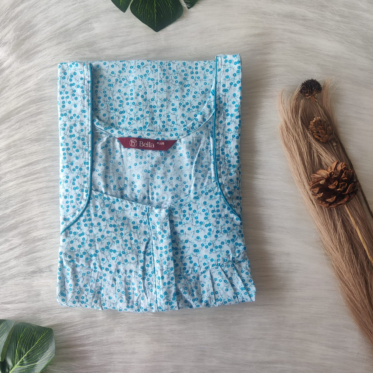 Blue Floral Printed White Premium Cotton Plus Size Pleated Zip Nighty | Chest Width 50″| Length 54″-55″