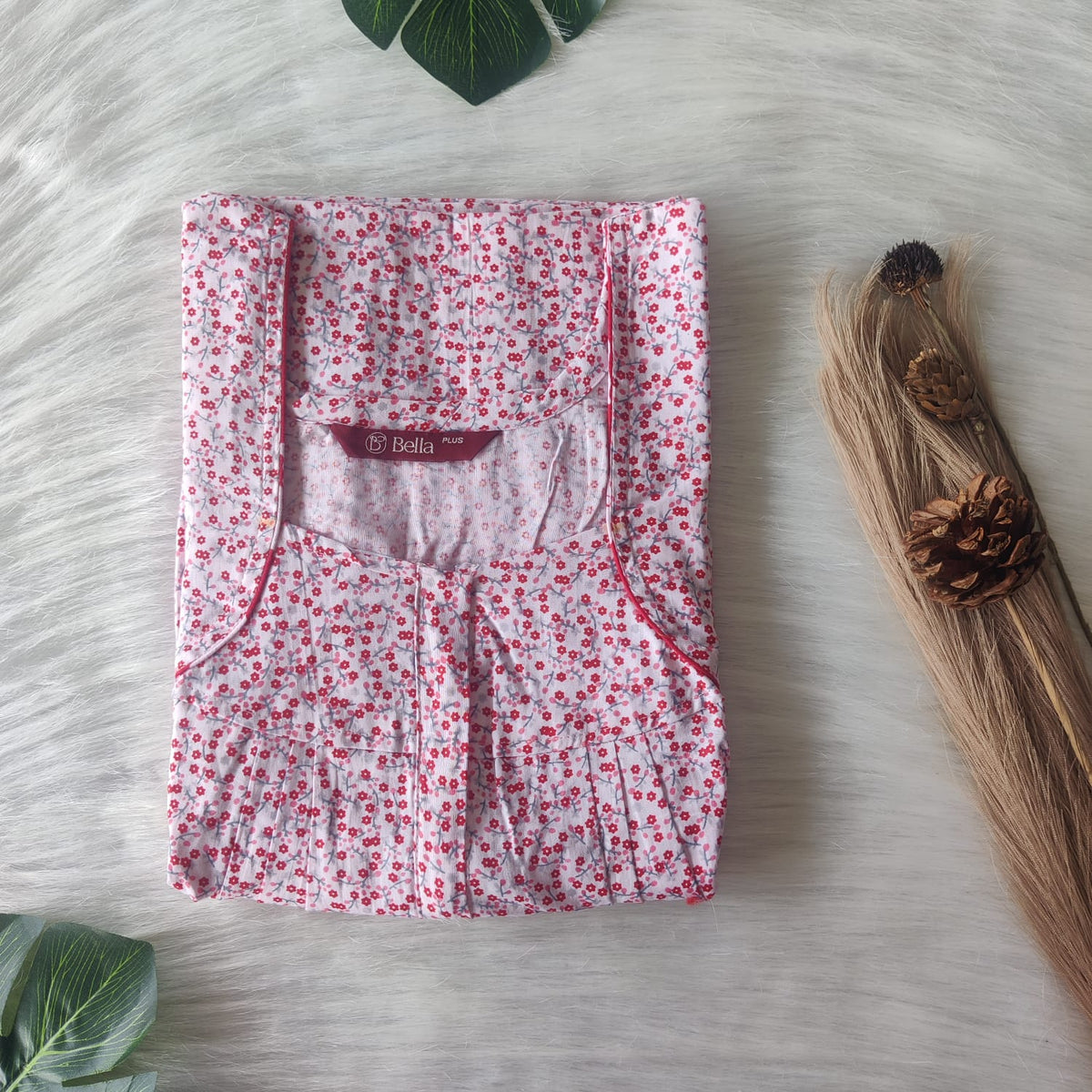 Red Floral Printed White Premium Cotton Plus Size Pleated Zip Nighty | Chest Width 50″| Length 54″-55″
