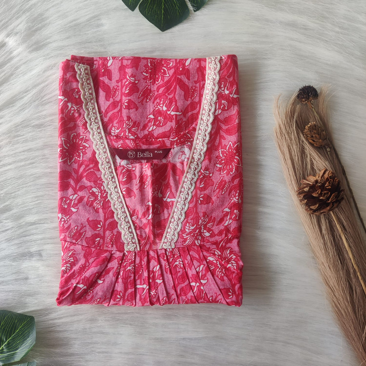Red Floral Printed Pink Premium Cotton Plus Size V-Neck Lace Pleated Nighty | No Zip| Chest Width 50″| Length 56″