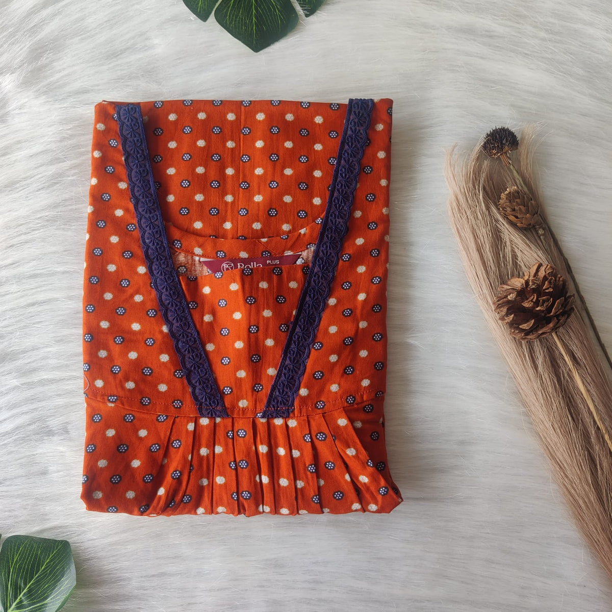 Burnt Orange Printed Premium Cotton Plus Size V-Neck Lace Pleated Nighty | No Zip| Chest Width 50″| Length 56″