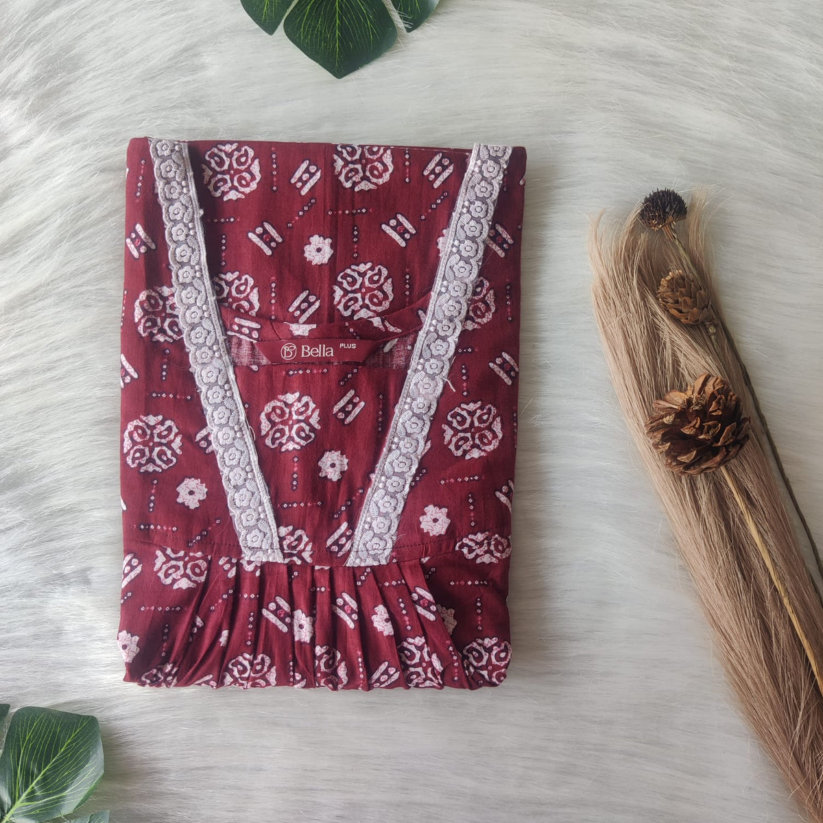 White Floral Printed Maroon Premium Cotton Plus Size V-Neck Lace Pleated Nighty | No Zip| Chest Width 50″| Length 56″