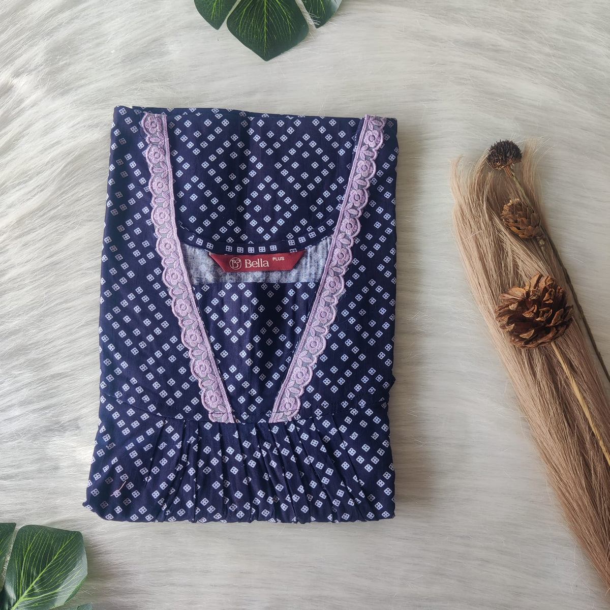 Navy Blue Dot Printed Premium Cotton Plus Size V-Neck Lace Pleated Nighty | No Zip| Chest Width 50″| Length 56″