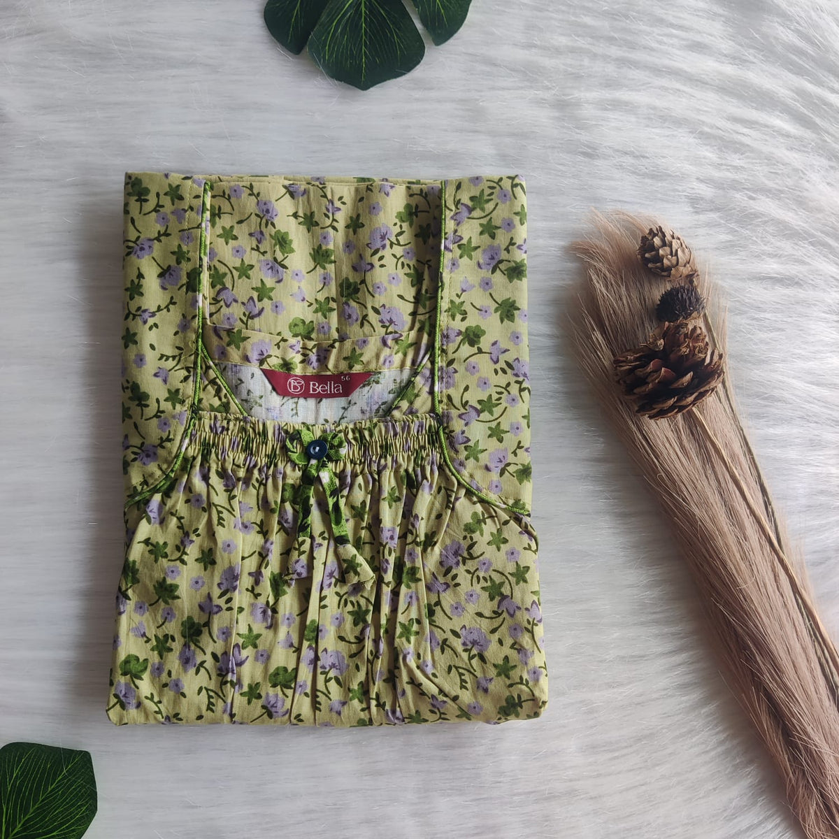 Green And Grey Floral Printed Premium Cotton Front Elastic Pleated Nighty | Free Size | Chest Width 44″| Length 56″