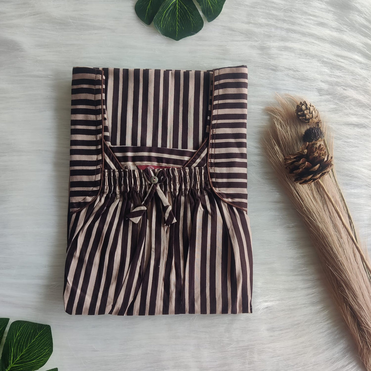 Coffee Brown Stripes Printed Premium Cotton Front Elastic Pleated Nighty | Free Size | Chest Width 44″| Length 56″