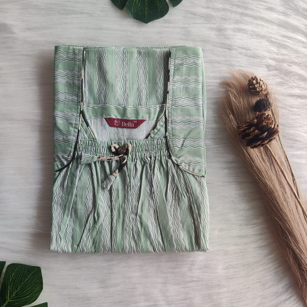 Pastel Green Stripes Printed Premium Cotton Front Elastic Pleated Nighty | Free Size | Chest Width 44″| Length 56″