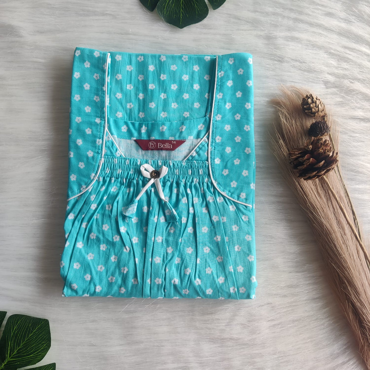 Aqua Blue Printed Premium Cotton Front Elastic Pleated Nighty | Free Size | Chest Width 44″| Length 56″