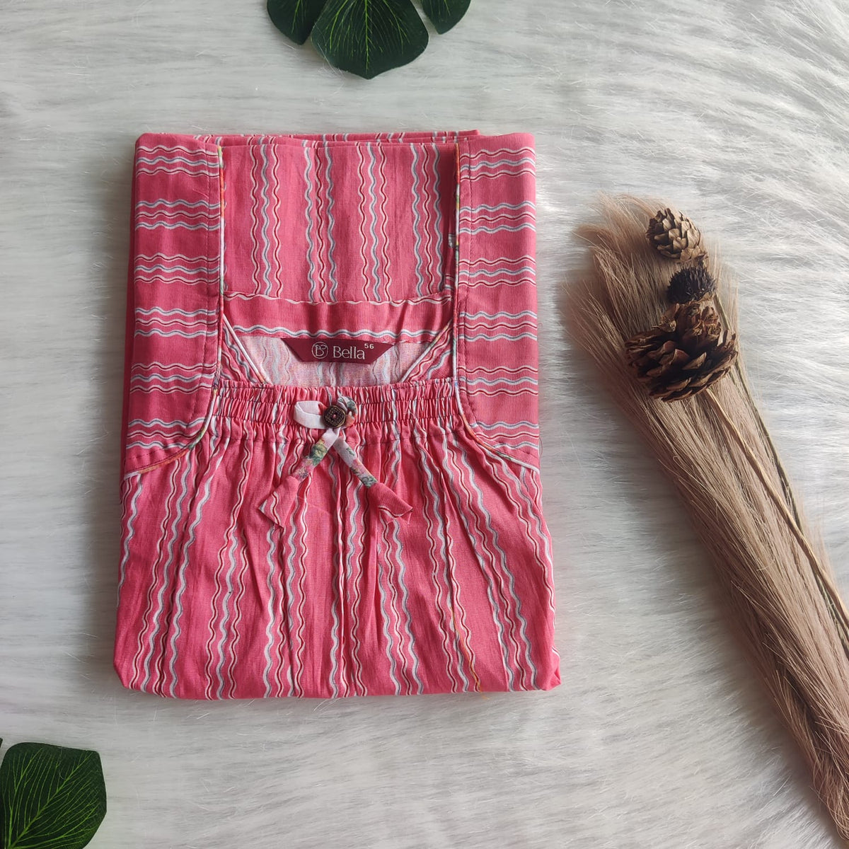 Peach Printed Premium Cotton Front Elastic Pleated Nighty | Free Size | Chest Width 44″| Length 56″