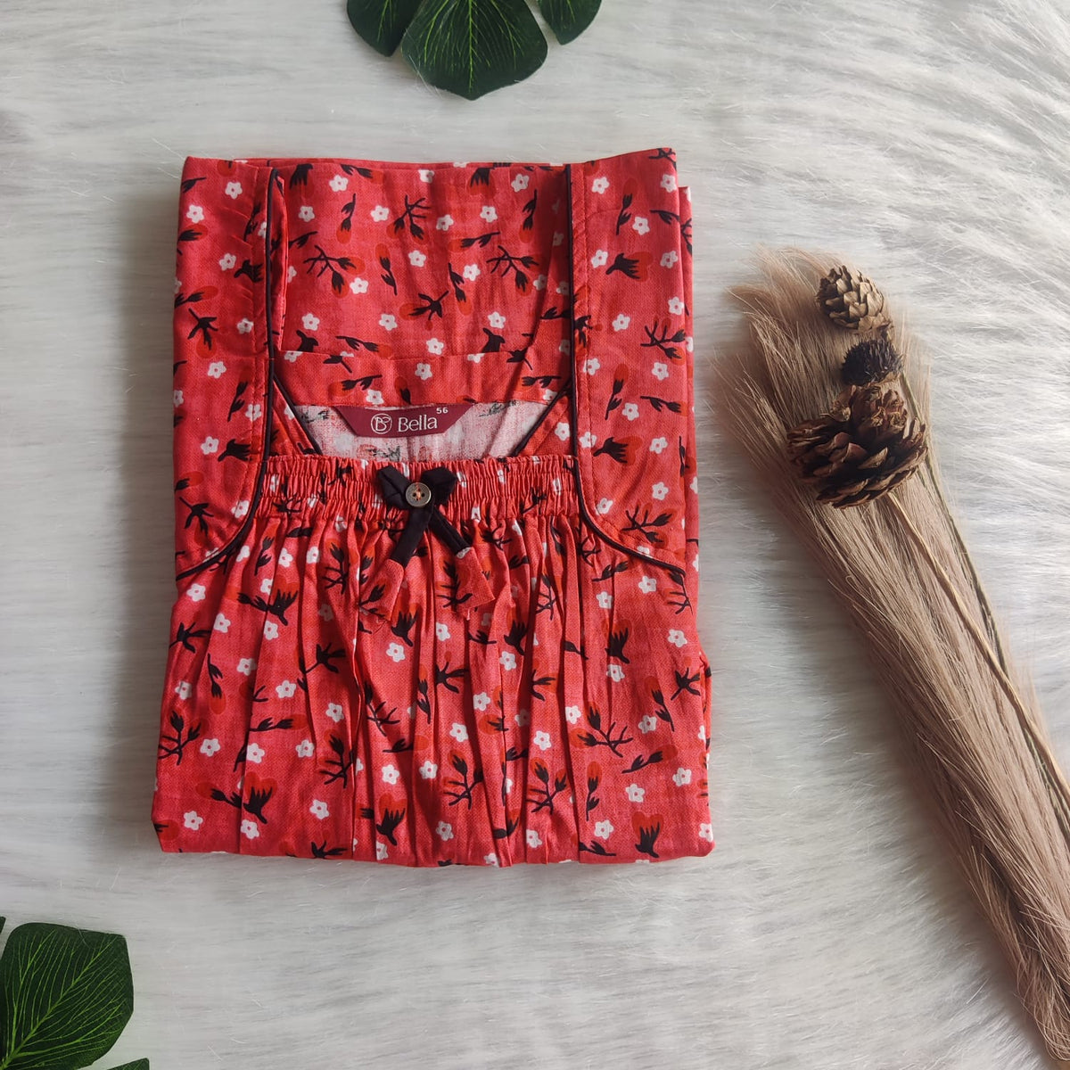 Red Printed Premium Cotton Front Elastic Pleated Nighty | Free Size | Chest Width 44″| Length 56″
