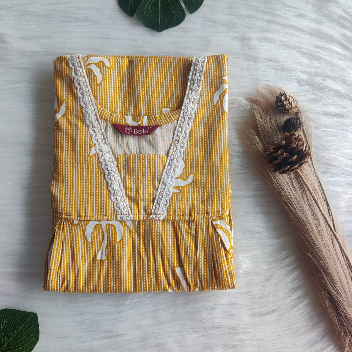 Yellow Printed Premium Cotton Two Side Vertical Lace Zip Feeding Nighty | Free Size | Chest Width 44″| Length 56″
