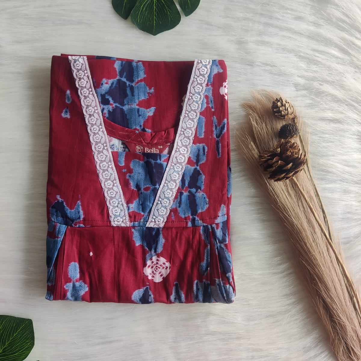 Maroon Batik Printed Premium Cotton Two Side Vertical Lace Zip Feeding Nighty | Free Size | Chest Width 44″| Length 56″