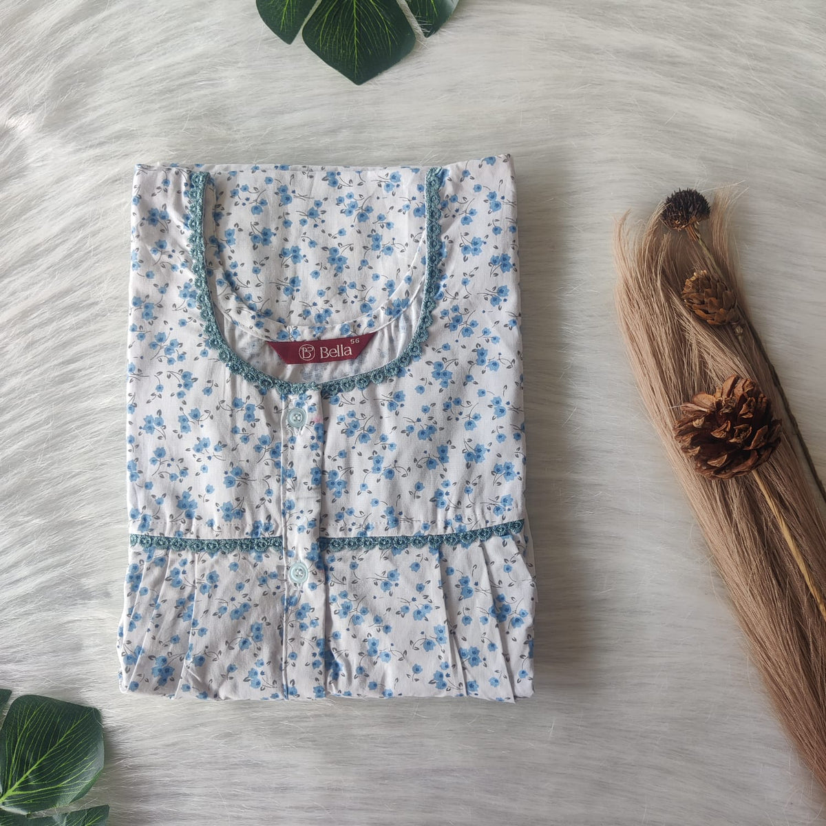 Blue Floral Printed White Pure Cotton Plus Size Lace Button Nighty | Free Size | Chest Width 44"| Length 54"-56"
