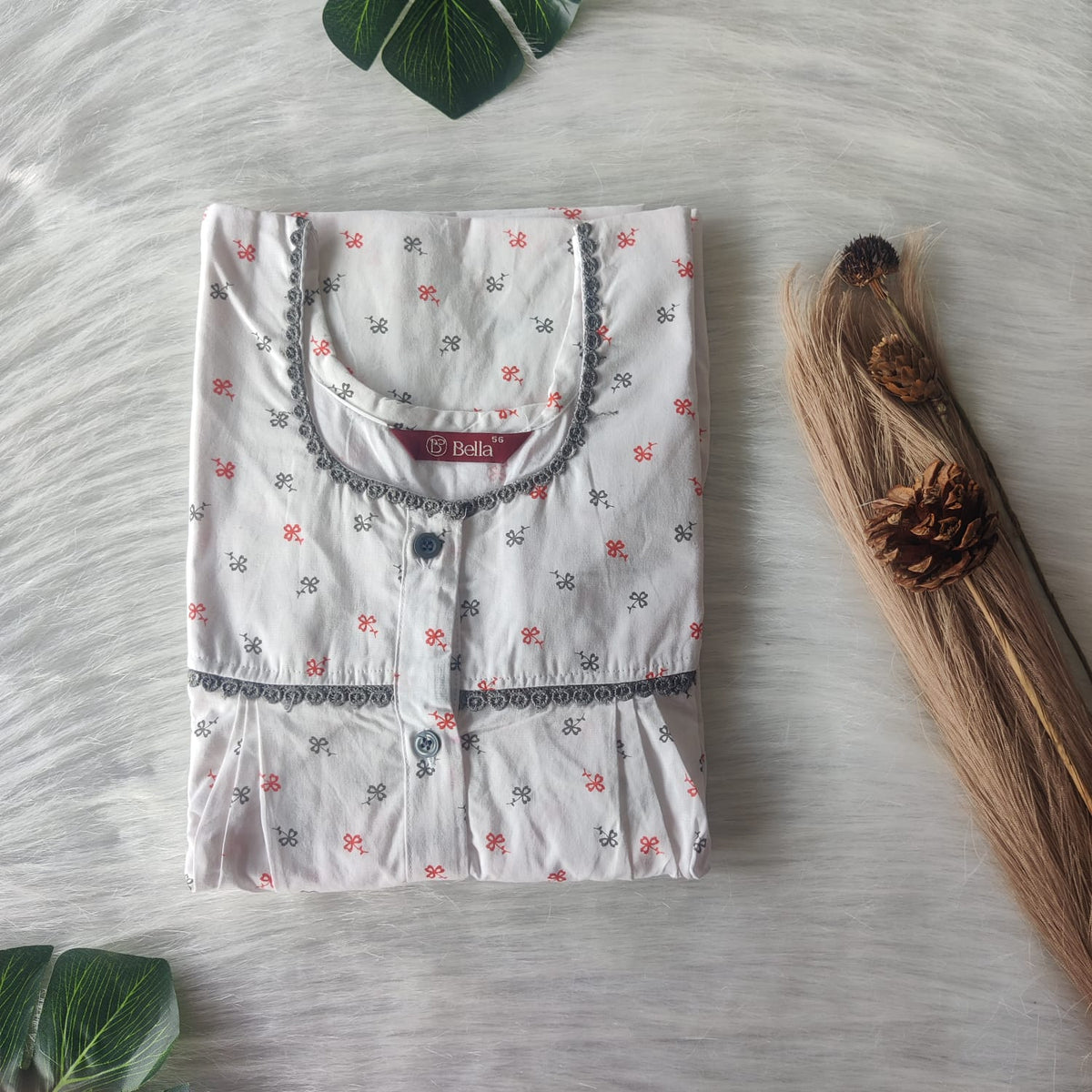 Orange And Grey Floral Printed White Pure Cotton Plus Size Lace Button Nighty | Free Size | Chest Width 44"| Length 54"-56"