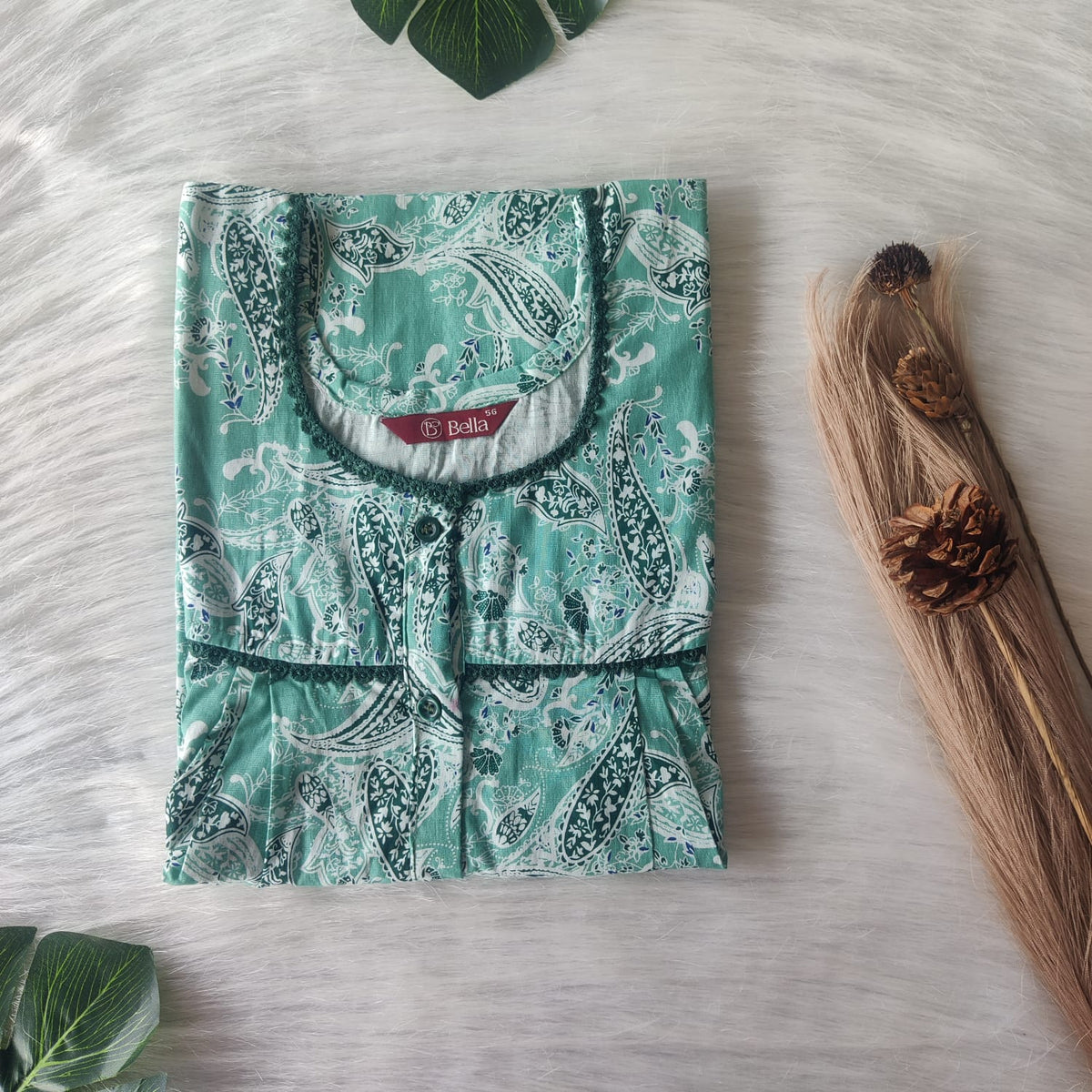 Green Kalamkari Pure Cotton Plus Size Lace Button Nighty | Free Size | Chest Width 44"| Length 54"-56"