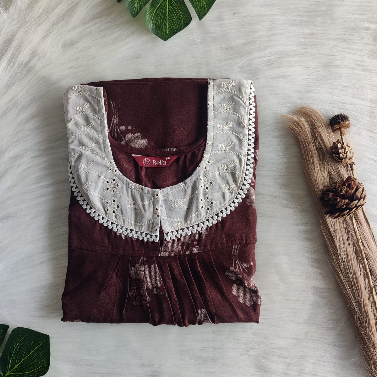 Coffee Brown Printed Alfine 60 inch Length Hakoba Lace Nighty | Free Size | Chest Width 44″|