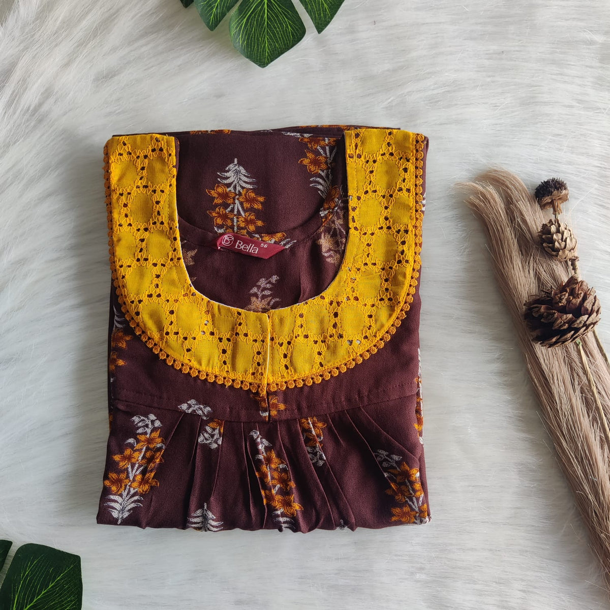 Orange Floral Printed Coffee Brown Alfine 60 inch Length Hakoba Lace Nighty | Free Size | Chest Width 44″|
