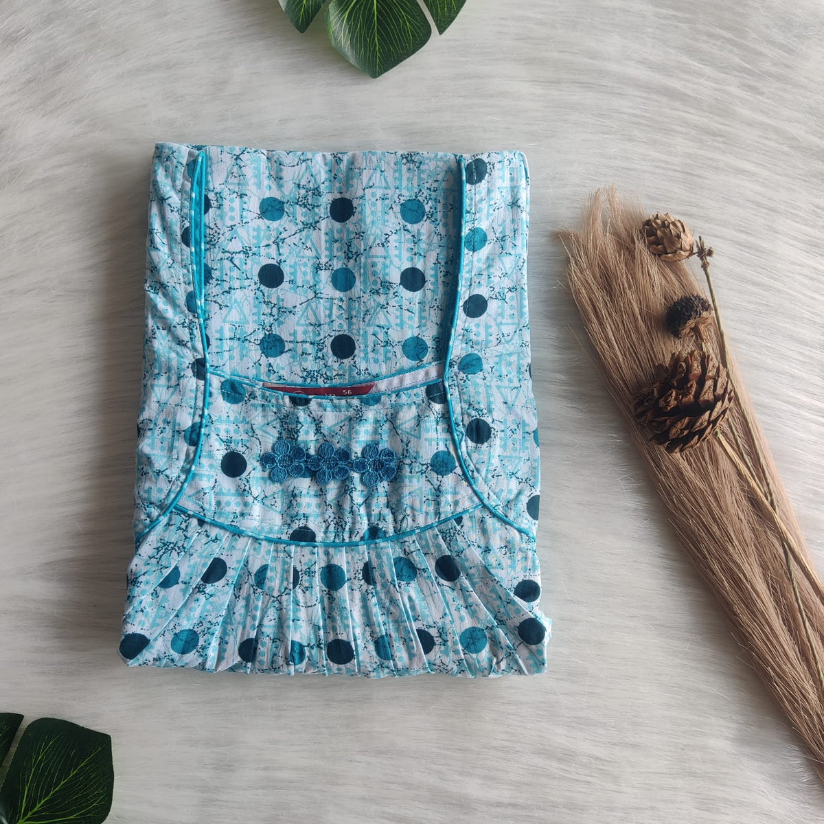 Blue Dot Printed Premium Cotton Three Flower Nighty |Free Size | Chest Width 44"| Length 54"-55"