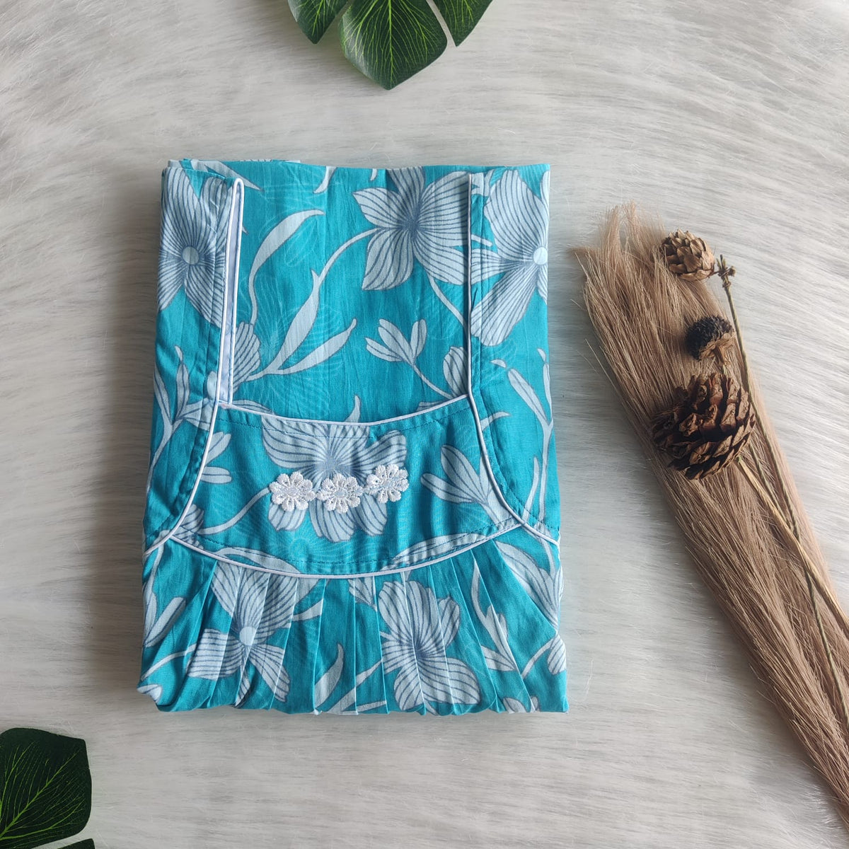 Blue Floral Printed Premium Cotton Three Flower Nighty |Free Size | Chest Width 44"| Length 54"-55"