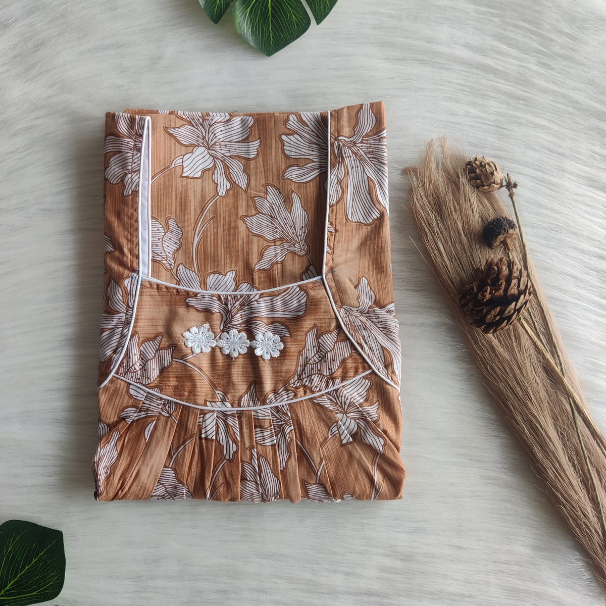 Brown Printed Premium Cotton Three Flower Nighty |Free Size | Chest Width 44"| Length 54"-55"