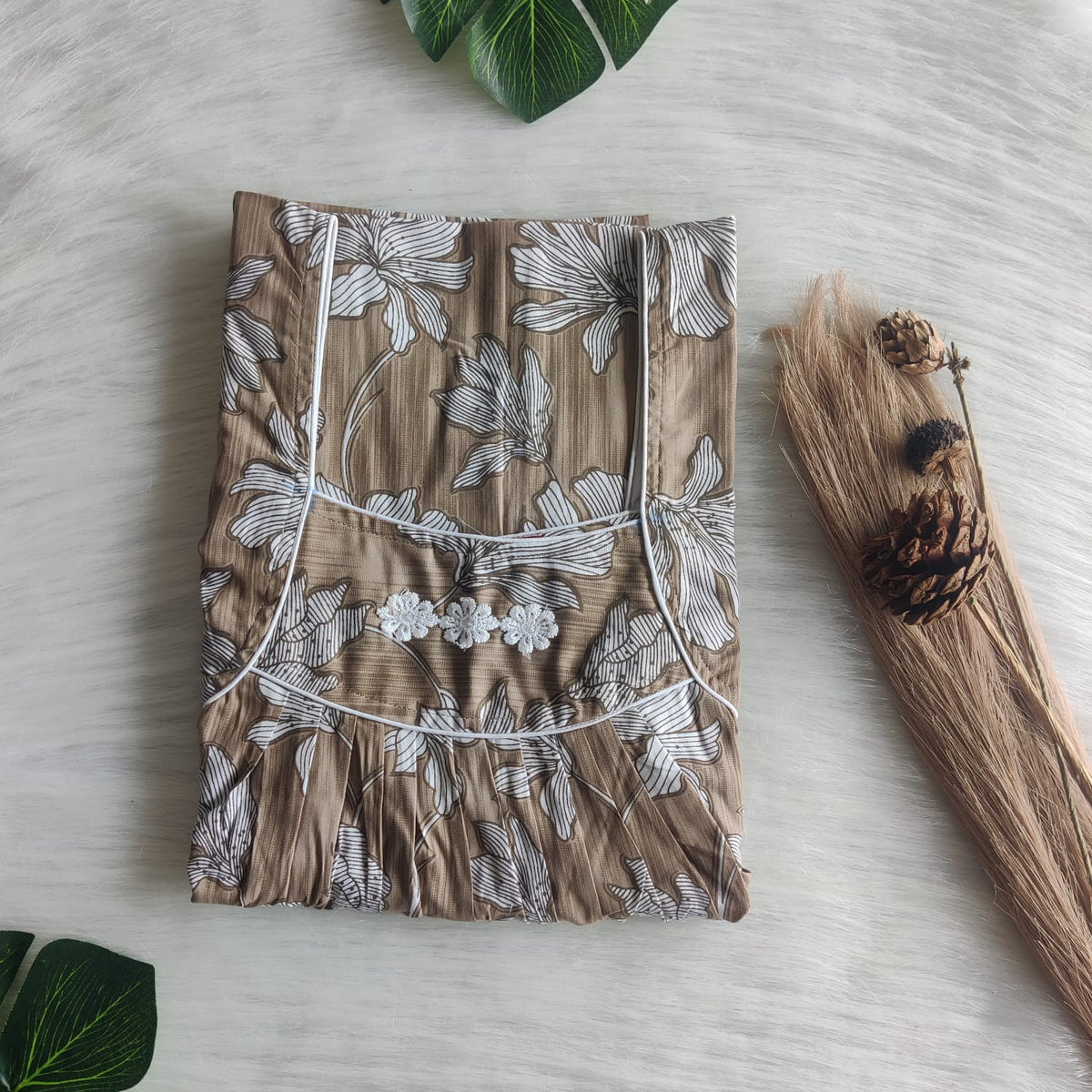 Pale Brown Printed Premium Cotton Three Flower Nighty |Free Size | Chest Width 44"| Length 54"-55"