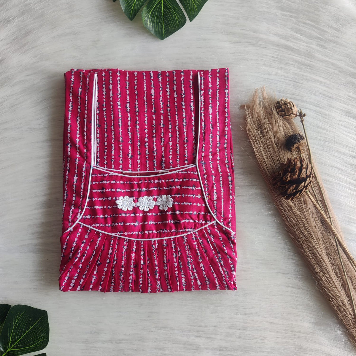 Pink Stripe Printed Premium Cotton Three Flower Nighty |Free Size | Chest Width 44"| Length 54"-55"