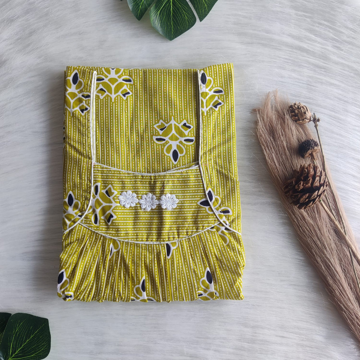 Green Printed Premium Cotton Three Flower Nighty |Free Size | Chest Width 44"| Length 54"-55"