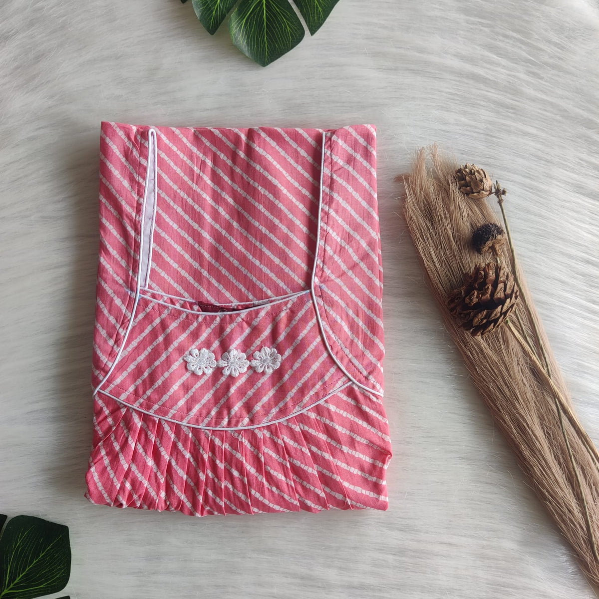 Pale Pink Printed Premium Cotton Three Flower Nighty |Free Size | Chest Width 44"| Length 54"-55"