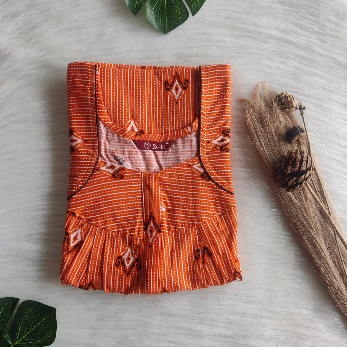 Orange Stripes Printed Premium Cotton Pleated Zip Nighty | Free Size | Chest Width 44″| Length 54″-55″