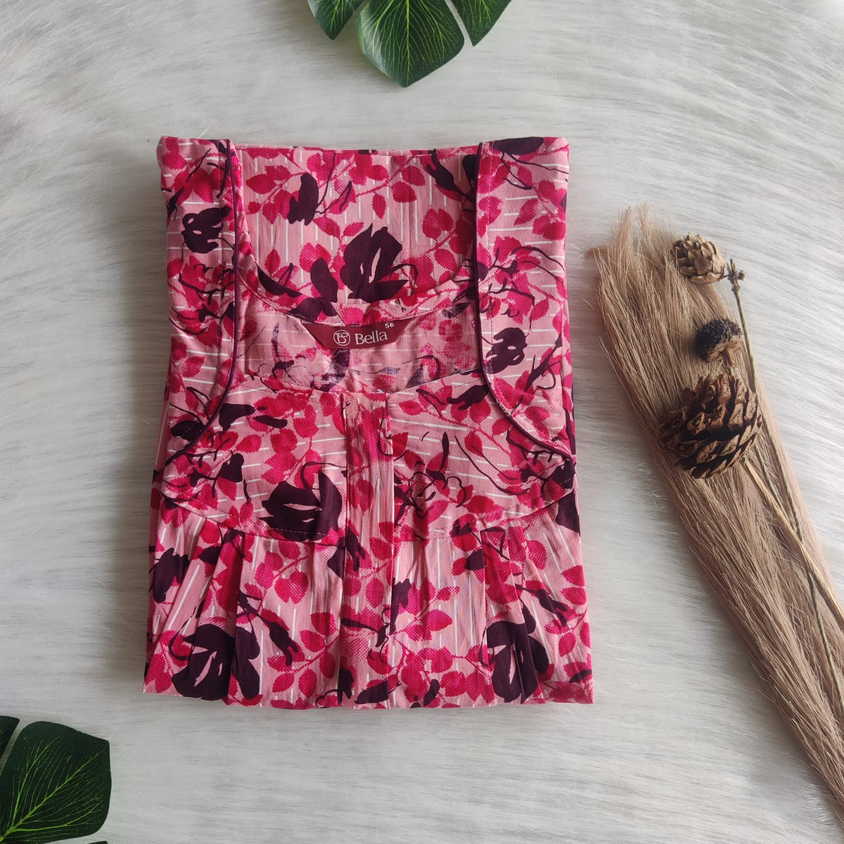 Pink Floral Printed Premium Cotton Pleated Zip Nighty | Free Size | Chest Width 44″| Length 54″-55″