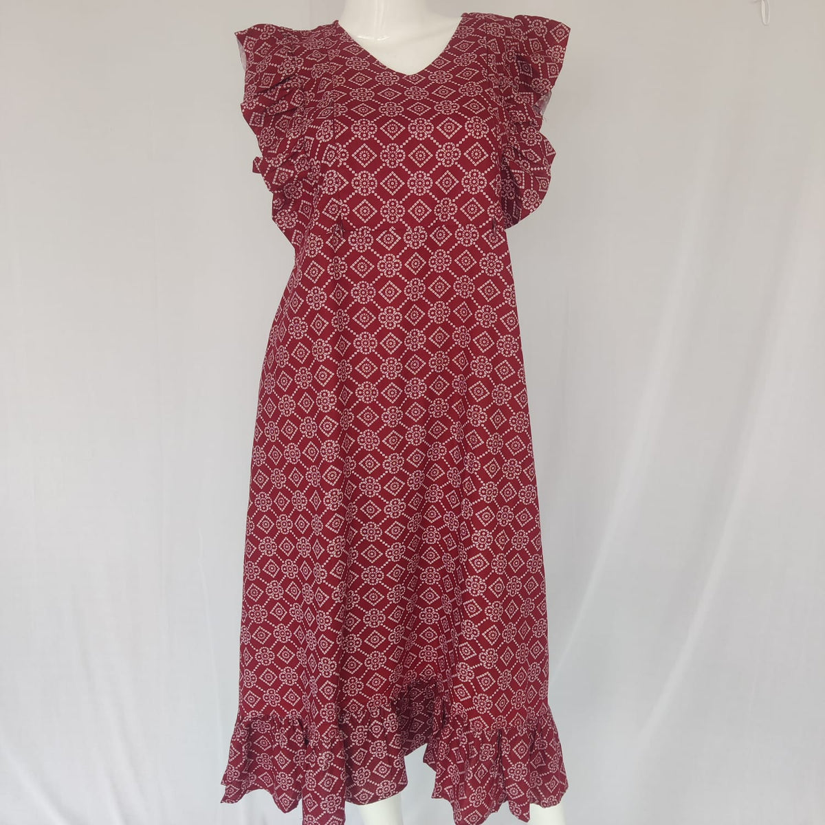 Garage Sale - Maroon Printed Premium Cotton Ruffle Sleeve Short Maternity Gown