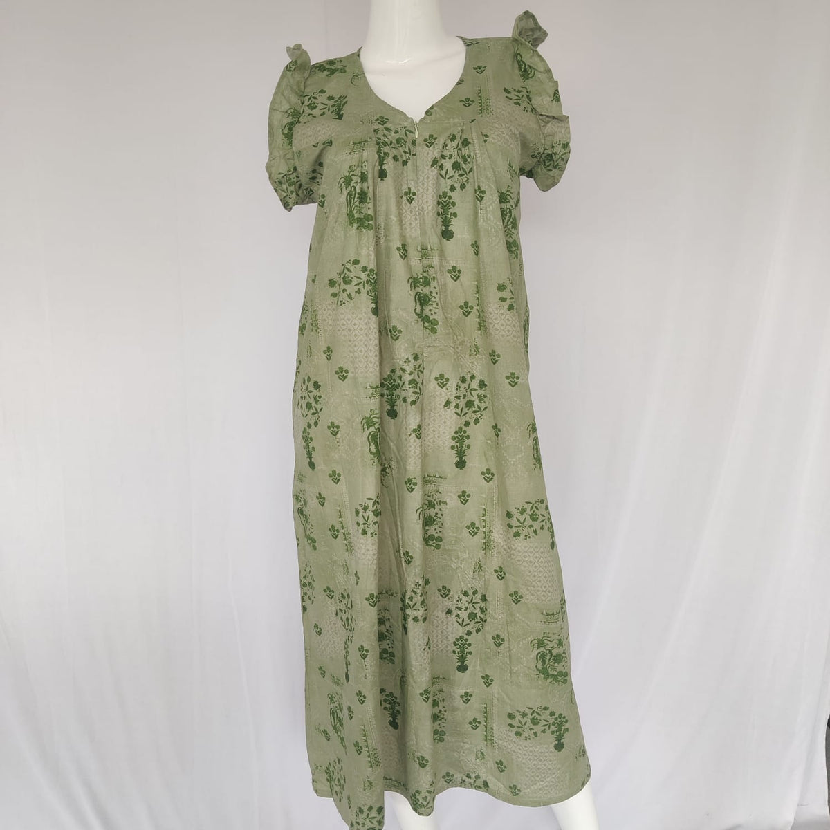 Garage Sale - Green Printed Cambric Cotton V- Neck Ruffle Sleeve Long Zip Short Maternity Gown | Free Size | Chest Width 44″| Length 44″