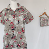Red Floral Printed Grey Pure Cotton Shirt Pyjama Set | Free Size |