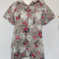 Red Floral Printed Grey Pure Cotton Shirt Pyjama Set | Free Size |