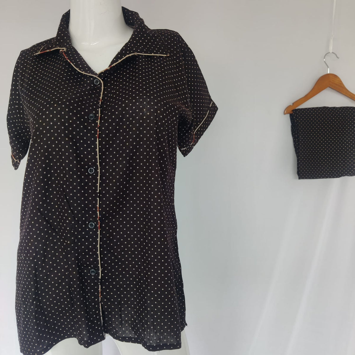 Coffee Brown Dot Printed Cotton Shirt Pyjama Set | Free Size |