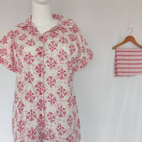 Red Floral Printed White Cotton Shirt Pyjama Set | Free Size |
