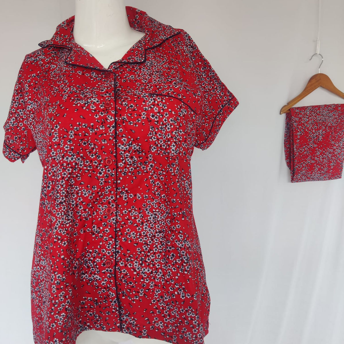 Red Printed Pure Cotton Shirt Pyjama Set | Free Size |