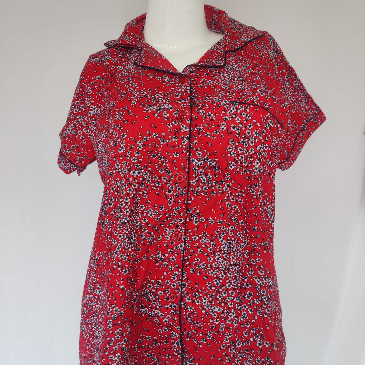 Red Printed Pure Cotton Shirt Pyjama Set | Free Size |